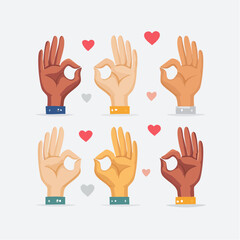 Six diverse hands making the "OK" gesture, surrounded by small hearts, suggesting agreement, approval, or positivity.