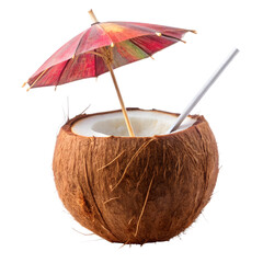 Coconut drink with umbrella and straw isolated on transparent background
