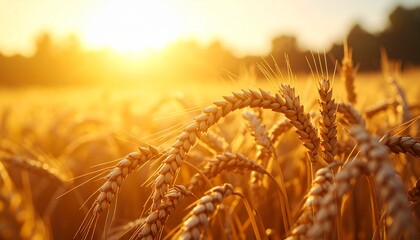 Golden wheat field with ripe ears of grain illuminated by the warm glow of the setting sun.