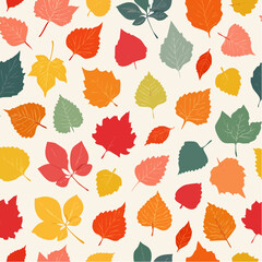 Obraz premium Seamless pattern of colorful autumn leaves in various shapes and sizes scattered on a light background.