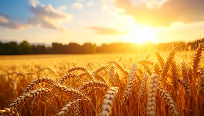 Golden wheat field at sunset with a bright sunburst shining over the horizon and trees in the background.