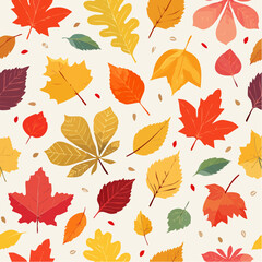 An overhead seamless pattern of colorful autumn leaves in various shapes and sizes, scattered on an off-white background with small seed-like elements.