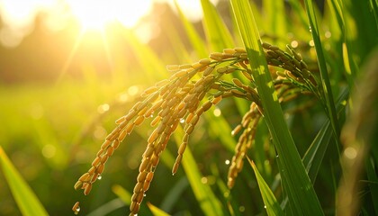 Close-up of a rice plant with golden grains and green leaves, illuminated by bright sunlight in a field.