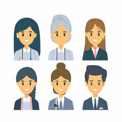 A diverse group of six cartoon characters, representing various professions and ages, with friendly expressions and professional attire.