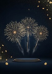 Spectacular golden fireworks display with elegant platform against a dark blue backdrop