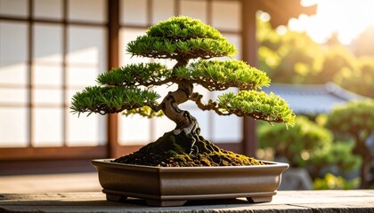 Ancient Pine Bonsai Masterpiece Glowing in the Warmth of a Japanese Sunset