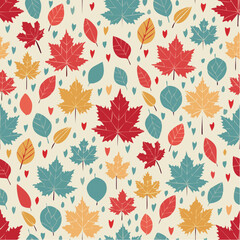 A vibrant seamless pattern of colorful autumn leaves in red, orange, and teal, interspersed with small hearts.