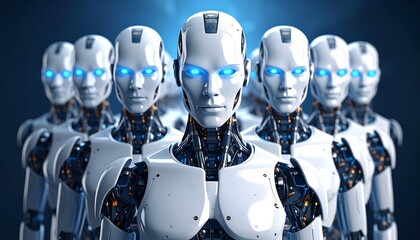 A formation of humanoid robots with glowing blue eyes, standing in a row