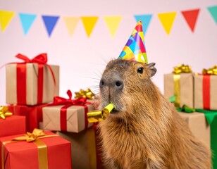 A capybara wearing a party hat and blowing a party horn, surrounded by presents