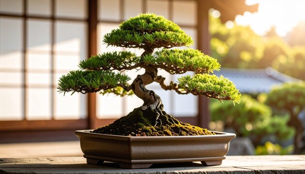 Ancient Pine Bonsai Masterpiece Glowing in the Warmth of a Japanese Sunset