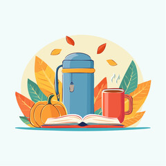Cozy autumn scene: thermos, pumpkin, book, and warm drink.