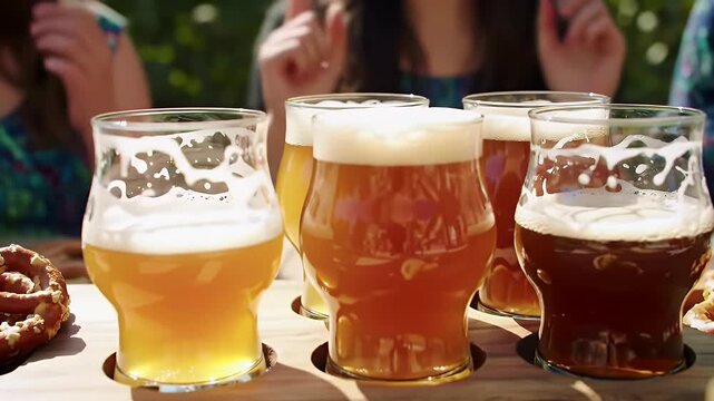 Craft beer tasting selection on wooden tray with pretzels