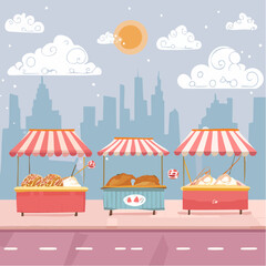 Naklejka premium Three illustrated food stalls with striped awnings line a city street under a sunny sky.