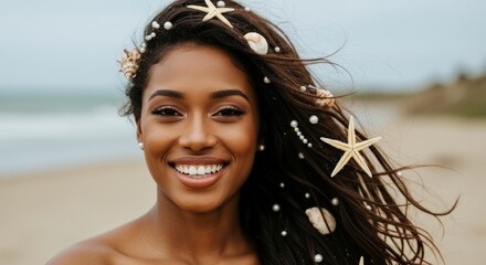 Smiling woman with seashells and pearls in hair