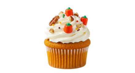 Autumn pumpkin cupcake with frosting and nuts png isolated on transparent background