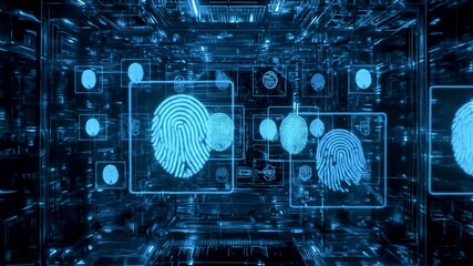 Futuristic digital interface showcasing biometric data with glowing fingerprints and holographic displays - Powered by Adobe