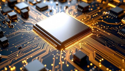 Futuristic Microprocessor with Glowing Golden Circuits and Data Streams