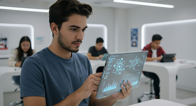 A student is taking a class using a futuristic tablet