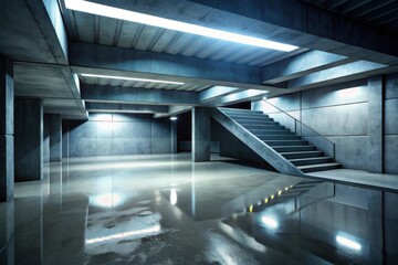 Concrete structure with stairs and reflection, architecture use cases