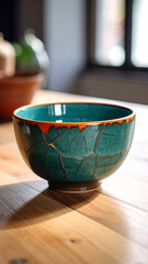 Ceramic Bowl on Wooden Table: A close-up captures a handcrafted ceramic bowl, with its unique turquoise glaze and artistic cracks, resting on a rustic wooden table.