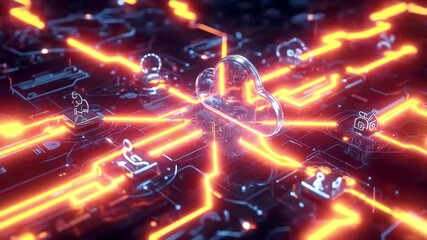 Futuristic digital network with glowing cloud symbol amidst interconnected nodes and circuits - Powered by Adobe