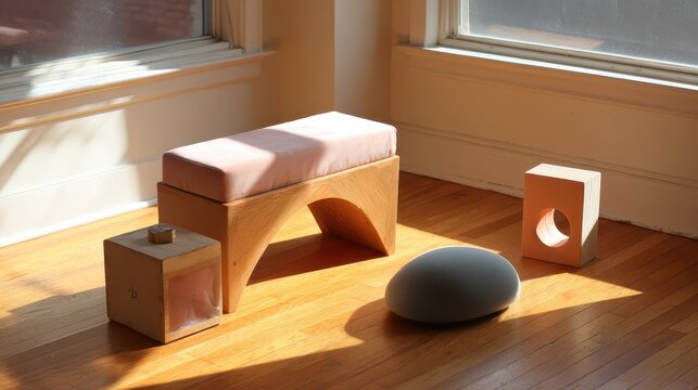 Wooden bench and decorative objects on a light brown floor.