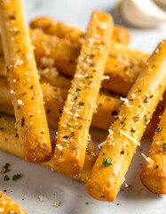 A close-up of several golden brown breadsticks, sprinkled with herbs and cheese
