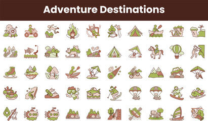 A vibrant collection of illustrated adventure destination icons depicting various outdoor activities, perfect for travel and adventure enthusiasts.