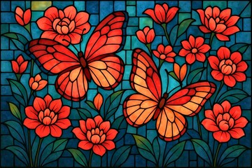 Fototapeta premium Red and teal stained‑glass floral butterfly mosaic with blue tile background