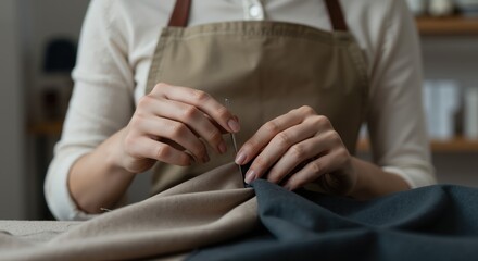 Woman sewing fabric together while sitting at a wooden table  