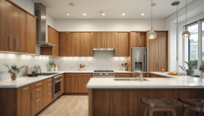 Fototapeta premium Warm and inviting kitchen featuring sleek wood cabinetry and bright, minimalist countertops