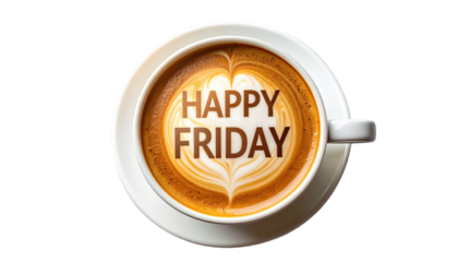 Latte art with Happy Friday greeting in white cup, cozy and cheerful morning concept
