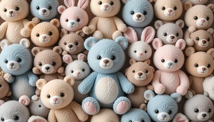 Obraz premium An adorable group of plush animals, including bears and bunnies, shown in soft, pastel colors