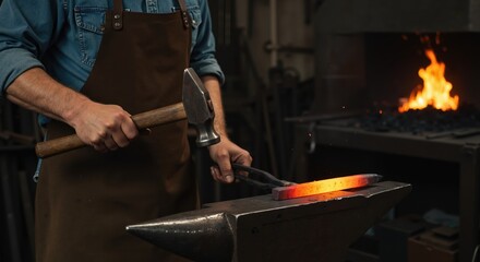 Blacksmith forging metal at anvil with fire in workshop  