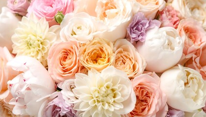 Obraz premium Dreamy pastel floral arrangement with roses, dahlias and lisianthus in full bloom