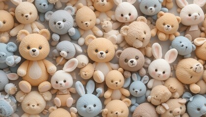 Obraz premium A collection of plush, soft pastel teddy bears and rabbits creates an adorable, whimsical scene.