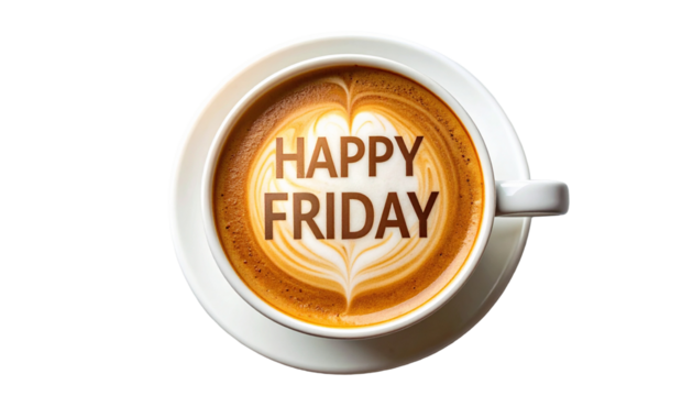 Latte art with Happy Friday greeting in white cup, cozy and cheerful morning concept
