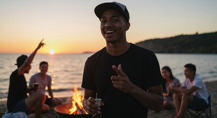 Young black man smiling while sitting by campfire at beach  