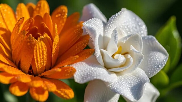 Dew-Kissed Duo: Orange Calendula and White Gardenia Blossom in a Gentle Breeze