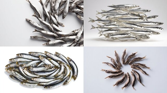 Quadruple image showcasing four distinct arrangements of numerous small, silvery fish on a light background;  circular, oval, and scattered 