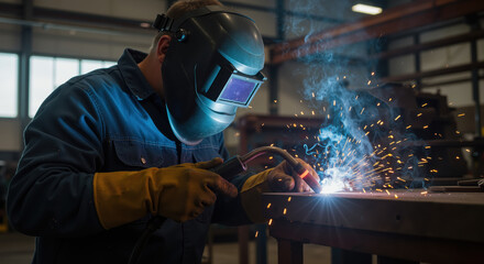 Welder working on metal with welding machine and sparks flying  