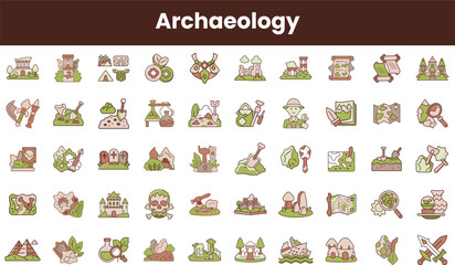 Fototapeta premium A vibrant collection of archaeology-themed icons showcasing tools, ancient artifacts, exploration, and excavation, perfect for educational or creative projects.