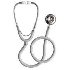 Modern medical stethoscope with textured light gray tubing and polished chrome details.