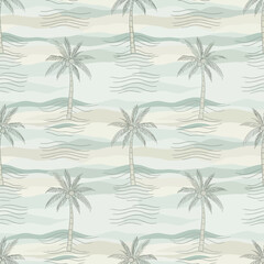 Seamless pattern of stylized palm trees and ocean waves in soft pastel colors.