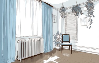 Light-filled room with teal curtains and potted plants