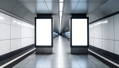Two blank billboards in a modern subway or tunnel for advertising, marketing, business promotions, urban scenes, or mockup designs.