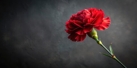 A single deep crimson carnation elegantly poised against a subtly textured dark background, a study in simple beauty and profound symbolism.