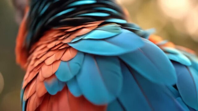 Vivid orange and blue feathers of a macaw, a striking close-up detail