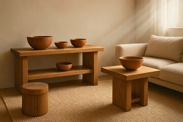 Minimalist Japandi Interior Design with Natural Wood Furniture and Terracotta Bowls