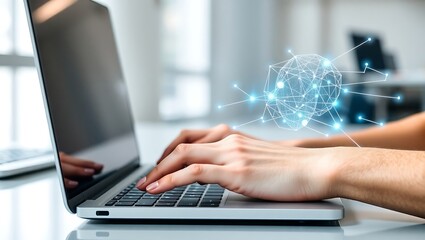 Closeup realistic photo of hands typing on a laptop keyboard with a futuristic digital network graphic symbolizing global connectivity and modern business.